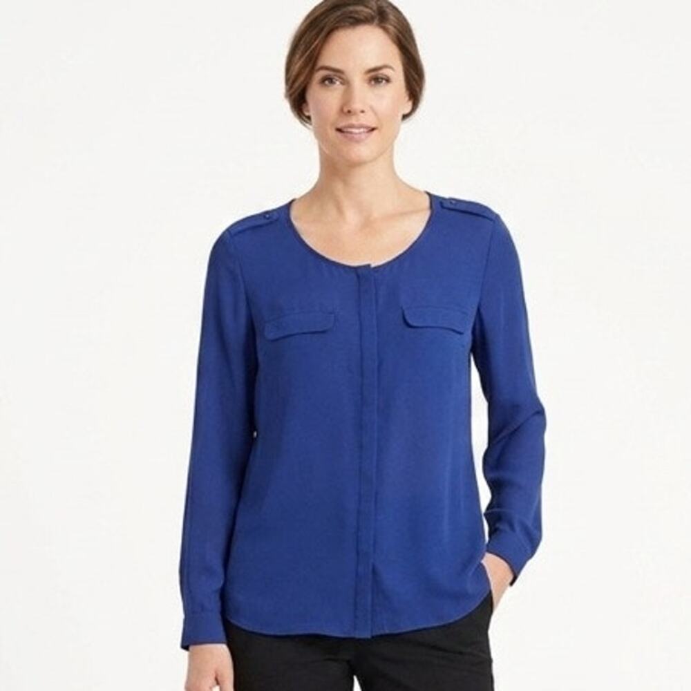 Dockers Women's Button Up Blouse Size PXL Navy Blue Long Sleeve Semi Sheer Top